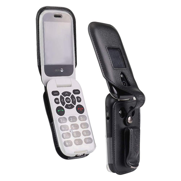 BELTRON Leather Fitted Case for Consumer Cellular Doro 7050, Tracfone Doro 7050L Flip Phone - Features: Rotating Belt Clip, Screen & Keypad Protection & Secure Fit (Black)