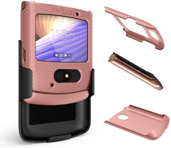 BELTRON Case with Clip for Motorola RAZR 5G (AT&T / T-Mobile), Snap-On Protective Cover with Rotating Belt Holster Combo & Built in Kickstand for Motorola Moto RAZR 5G Flip Phone (2020) XT2071 - Rose