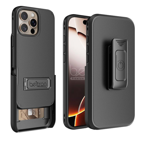 BELTRON Case Holster Combo for iPhone, Slim Protective Full Body Grip Case & Swivel Belt Clip 3 in 1 Combo with Kickstand and Card Holder (Compatible with MagSafe)