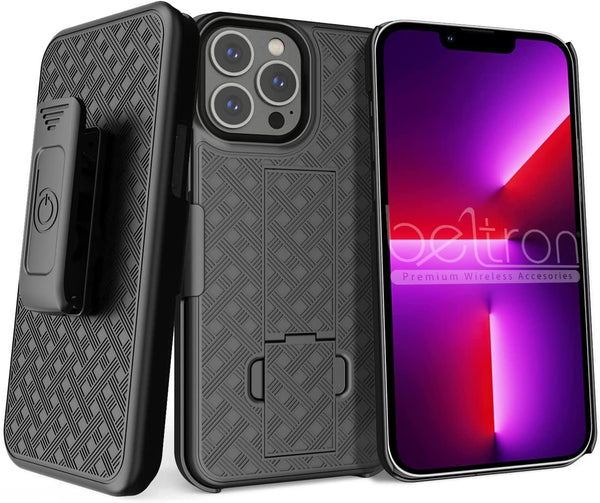 BELTRON Combo Case with Belt Clip for iPhone 13 Pro Max, Super Slim Rubberized Grip Case & Swivel Belt Clip Holster with Built-in Kickstand (Black)
