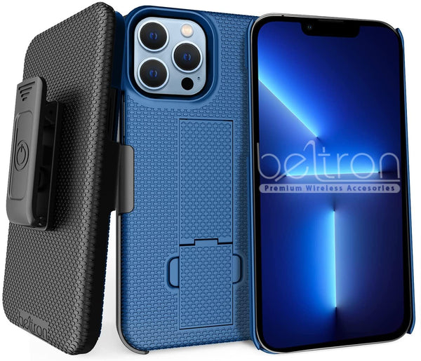 BELTRON Combo Case with Belt Clip for iPhone 13 Pro Max, Super Slim Rubberized Grip Case & Swivel Belt Clip Holster with Built-in Kickstand (Black)