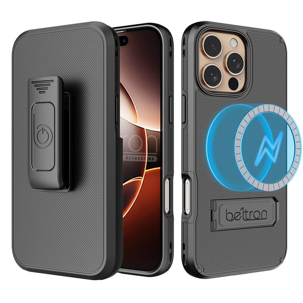 BELTRON Case Holster Combo for iPhone, Slim Protective Full Body Grip Case & Swivel Belt Clip 3 in 1 Combo with Kickstand and Card Holder (Compatible with MagSafe)