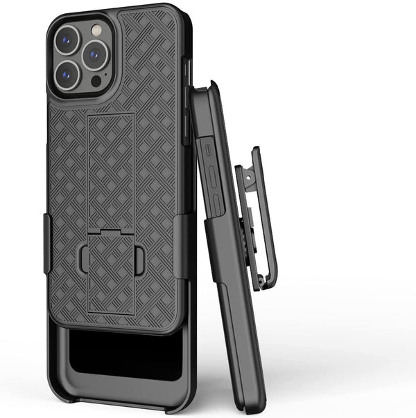 BELTRON Combo Case with Belt Clip for iPhone 13 Pro Max, Super Slim Rubberized Grip Case & Swivel Belt Clip Holster with Built-in Kickstand (Black)
