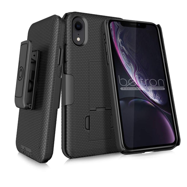 BELTRON Case with Belt Clip for iPhone XR, Slim Protective Belt Clip Slider Case (Shell/Holster Combo) with Built-in Kickstand - (Black)