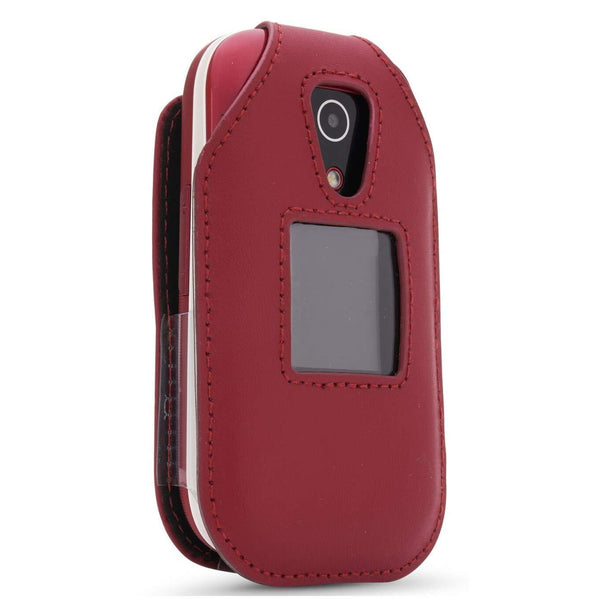 BELTRON Leather Fitted Case for Consumer Cellular Doro 7050, Tracfone Doro 7050L Flip Phone - Features: Rotating Belt Clip, Screen & Keypad Protection & Secure Fit (Red)