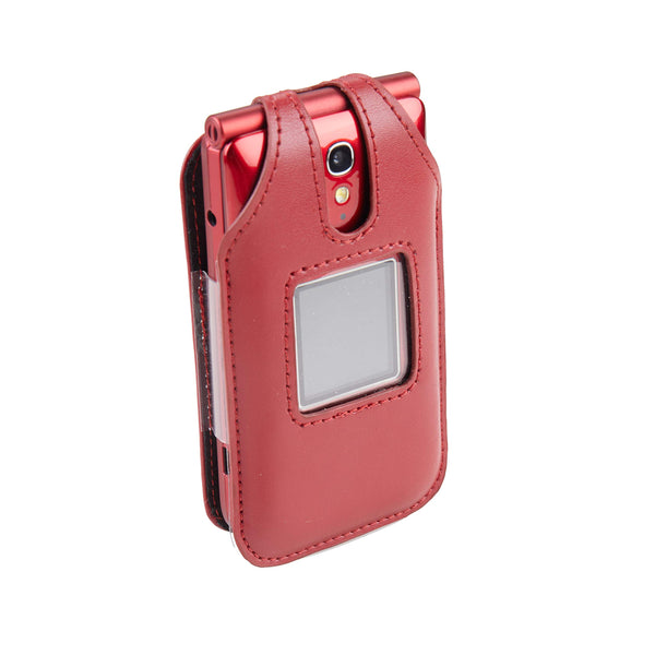 BELTRON Fitted Leather Case for Alcatel GreatCall Jitterbug Flip Phone for Seniors, Features: Rotating Belt Clip, Screen & Keypad Protection, Secure Fit (Red)