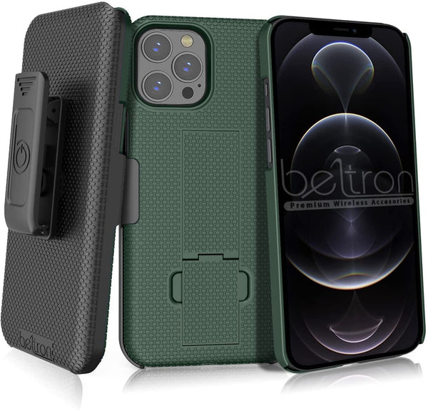 BELTRON Case with Belt Clip for iPhone 12 Pro Max, Slim Fit Protective Shell & Swivel Belt Clip Holster Combo with Built-in Kickstand for iPhone 12 Pro Max 6.7 - Cyprus Green