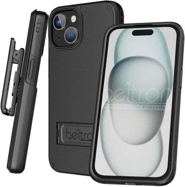 BELTRON Case Holster Combo for iPhone 15, Slim Protective Full Body Grip Case & Swivel Belt Clip 3 in 1 Combo with Kickstand/Card Holder Compatible with iPhone 15 6.1" (NOT for Pro)