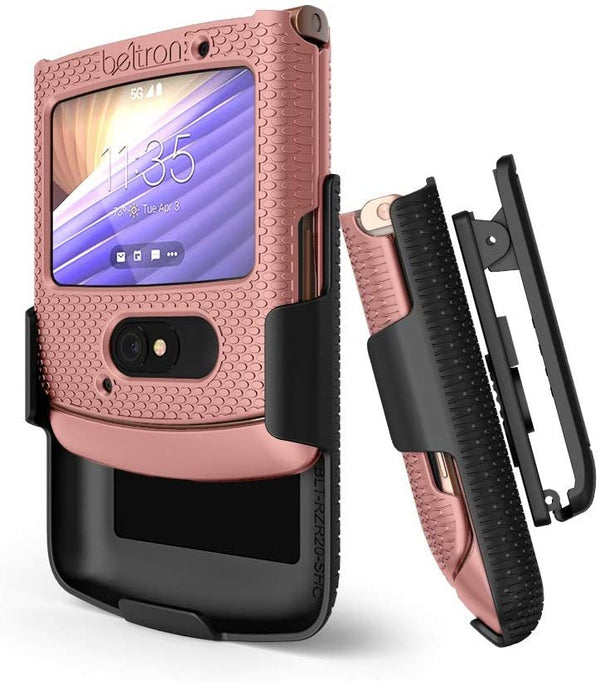 BELTRON Case with Clip for Motorola RAZR 5G (AT&T / T-Mobile), Snap-On Protective Cover with Rotating Belt Holster Combo & Built in Kickstand for Motorola Moto RAZR 5G Flip Phone (2020) XT2071 - Rose