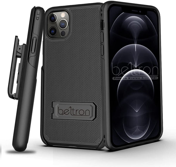 BELTRON Combo Case & Holster for iPhone 12, iPhone 12 Pro, Slim Protective Full Body Dual Guard Grip Case & Swivel Belt Clip Combo with Kickstand / Card Holder for iPhone 12 6.1 inch (2020)