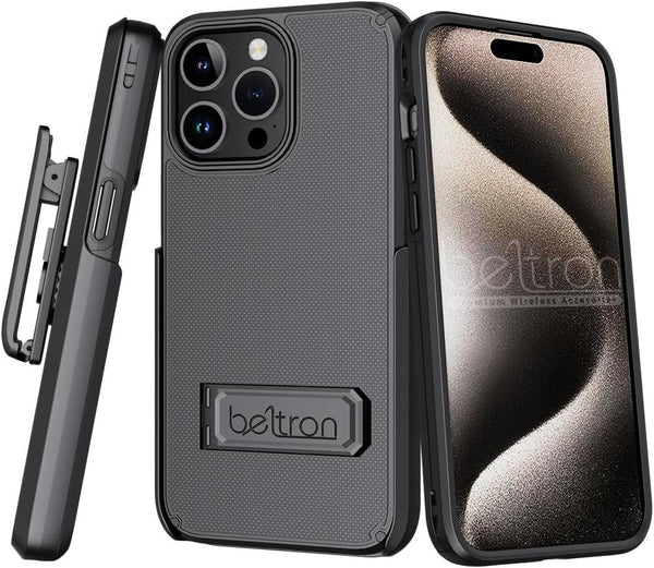 BELTRON Case Holster Combo for iPhone 15 Pro, Slim Protective Full Body Grip Case & Swivel Belt Clip 3 in 1 Combo with Kickstand/Card Holder Compatible with Apple iPhone 15 Pro