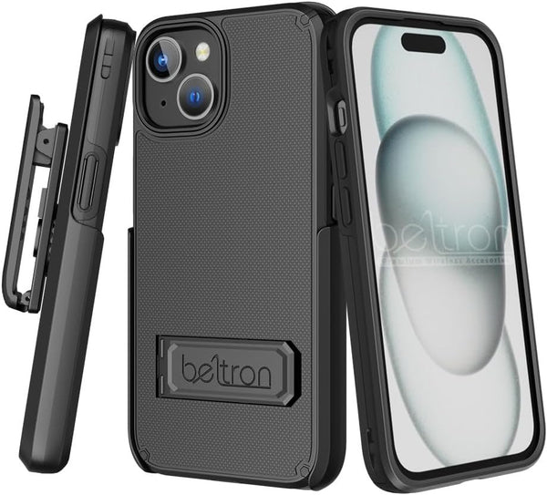 BELTRON Case Holster Combo for iPhone 15 Plus, Slim Protective Full Body Grip Case & Swivel Belt Clip 3 in 1 Combo with Kickstand/Card Holder Compatible with Apple iPhone 15 Plus 6.7" Black