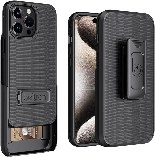BELTRON Case Holster Combo for iPhone 15 Pro Max, Slim Protective Full Body Grip Case & Swivel Belt Clip 3 in 1 Combo with Kickstand/Card Holder Compatible with Apple iPhone 15 Pro Max (2023)