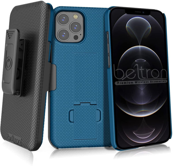 BELTRON Case with Belt Clip for iPhone 12 Pro Max 6.7, Slim Fit Protective Shell & Swivel Belt Clip Holster Combo with Built-in Kickstand for iPhone 12 Pro Max 6.7 - Pacific Blue