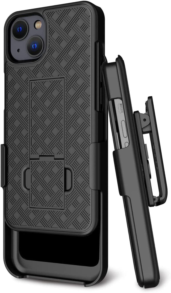 BELTRON Combo Case with Belt Clip for iPhone 13, Super Slim Rubberized Grip Case & Swivel Belt Clip Holster with Built-in Kickstand (Black)