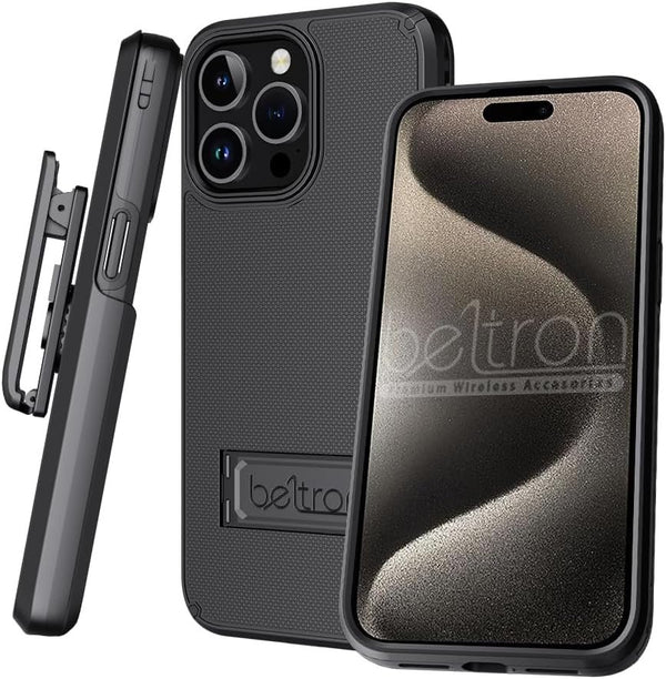 BELTRON Case Holster Combo for iPhone 15 Pro, Slim Protective Full Body Grip Case & Swivel Belt Clip 3 in 1 Combo with Kickstand/Card Holder Compatible with Apple iPhone 15 Pro