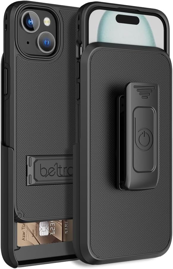 BELTRON Case Holster Combo for iPhone 15, Slim Protective Full Body Grip Case & Swivel Belt Clip 3 in 1 Combo with Kickstand/Card Holder Compatible with iPhone 15 6.1" (NOT for Pro)
