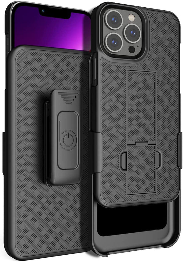 BELTRON Combo Case with Belt Clip for iPhone 13 Pro Max, Super Slim Rubberized Grip Case & Swivel Belt Clip Holster with Built-in Kickstand (Black)